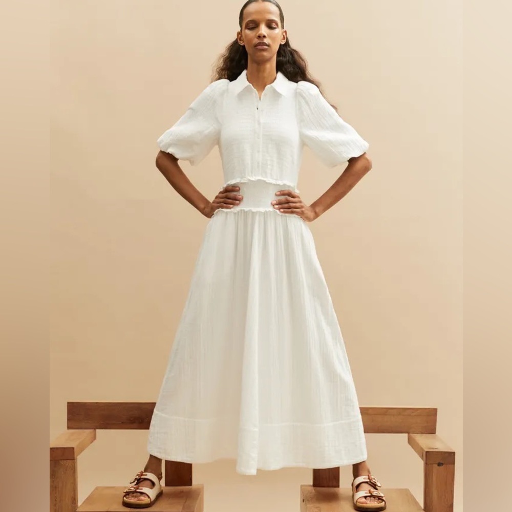 NWT ME+EM Cheesecloth Shirred Maxi Shirt Dress White size 4